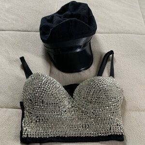 Black and Silver Embellished Crop Top with Hat